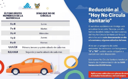 Hoy no Circula Sanitario en Hidalgo. Reducen restricciones